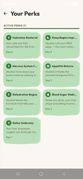 NoSlip active perks — Hydration Restored, Sleep Improving, and more alcohol recovery effects