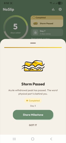 NoSlip milestone — Storm Passed, acute alcohol withdrawal behind you